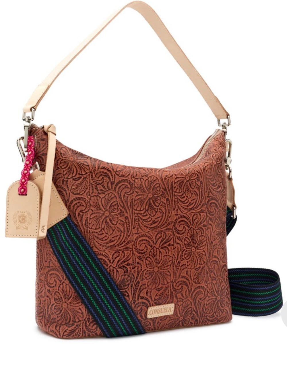 NWT Consuela Sally Tooled Leather Handbag Shoulder Brown Green Blue Strap